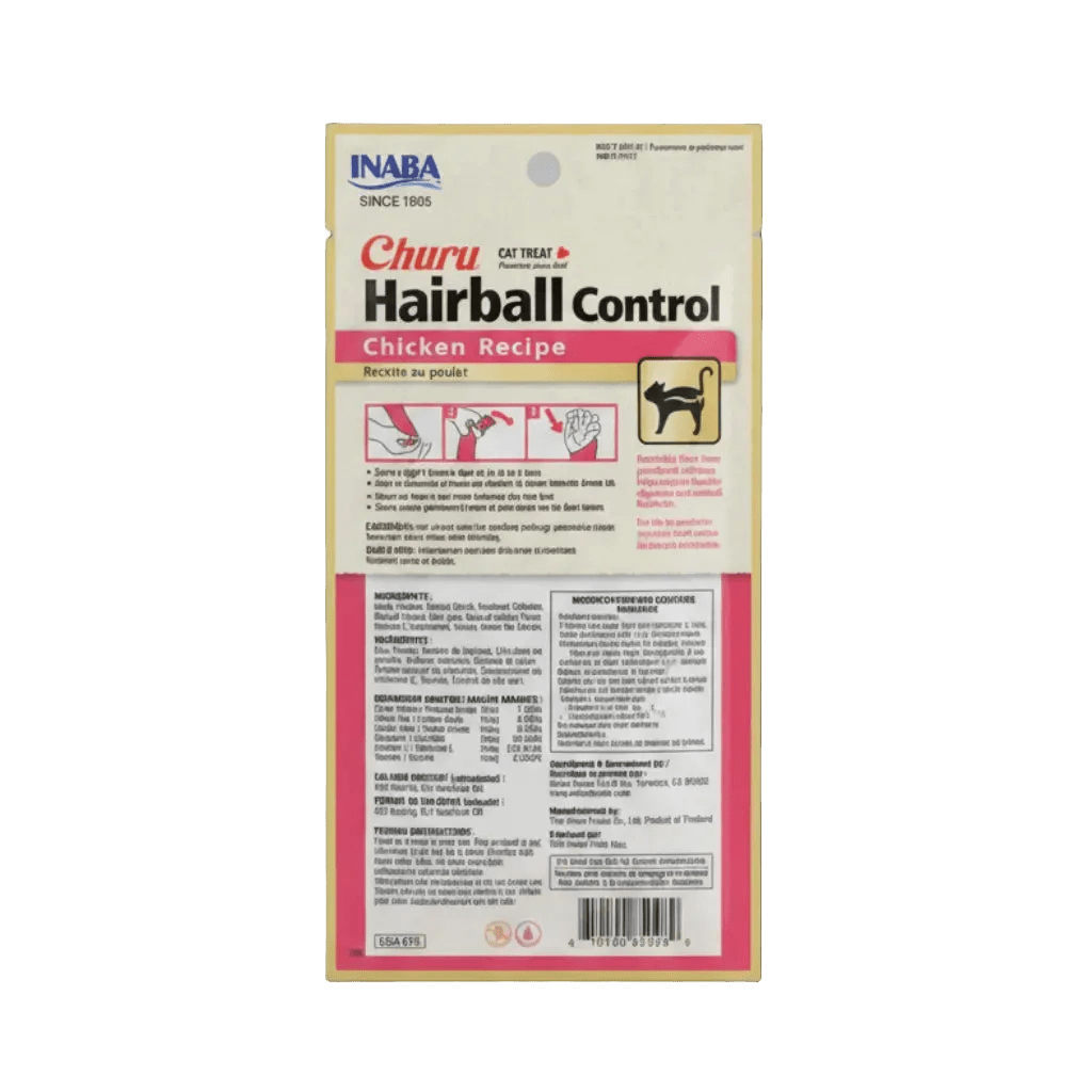 INABA Churu Hairball Control chicken recipe cat treat pack, back label