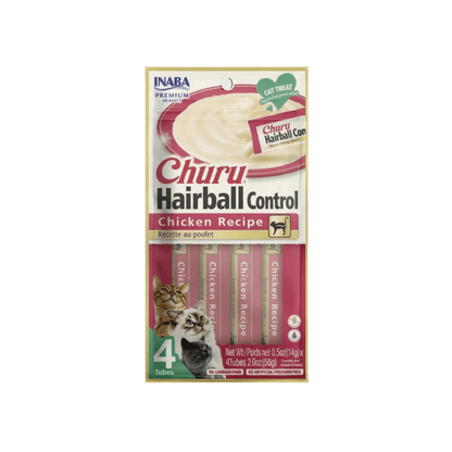 INABA Churu Hairball Control chicken recipe cat treat pack, four tube box front