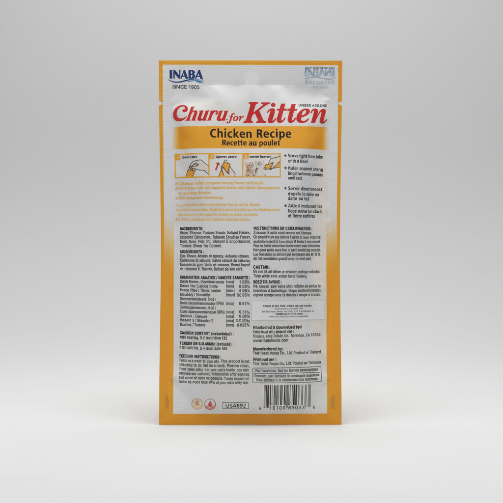 Inaba Churu for Kitten chicken recipe cat treat pouch, back label