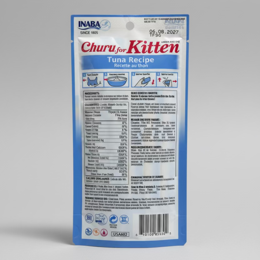 Inaba Churu for Kitten tuna recipe cat treat pouch, 4-pack, back label