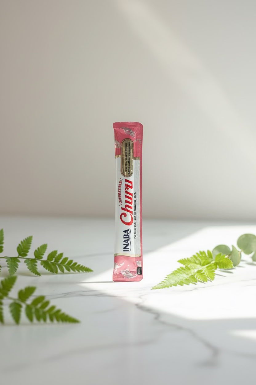 Single INABA Churu tube treat standing with leafy plants on a light surface