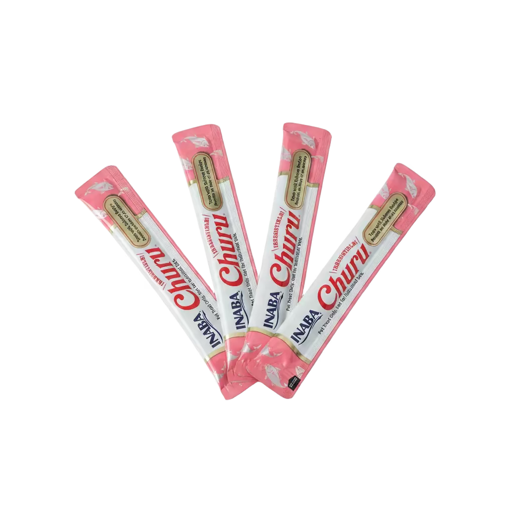 Four INABA Churu tube treats bundled together in pink packaging