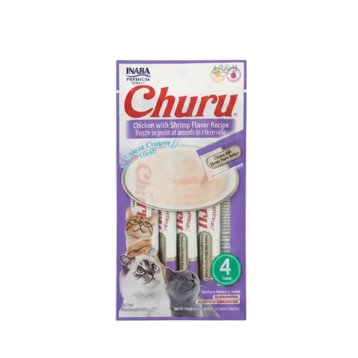 INABA Churu creamy lickable cat treat tubes pack, purple chicken with shrimp recipe, 4 tubes