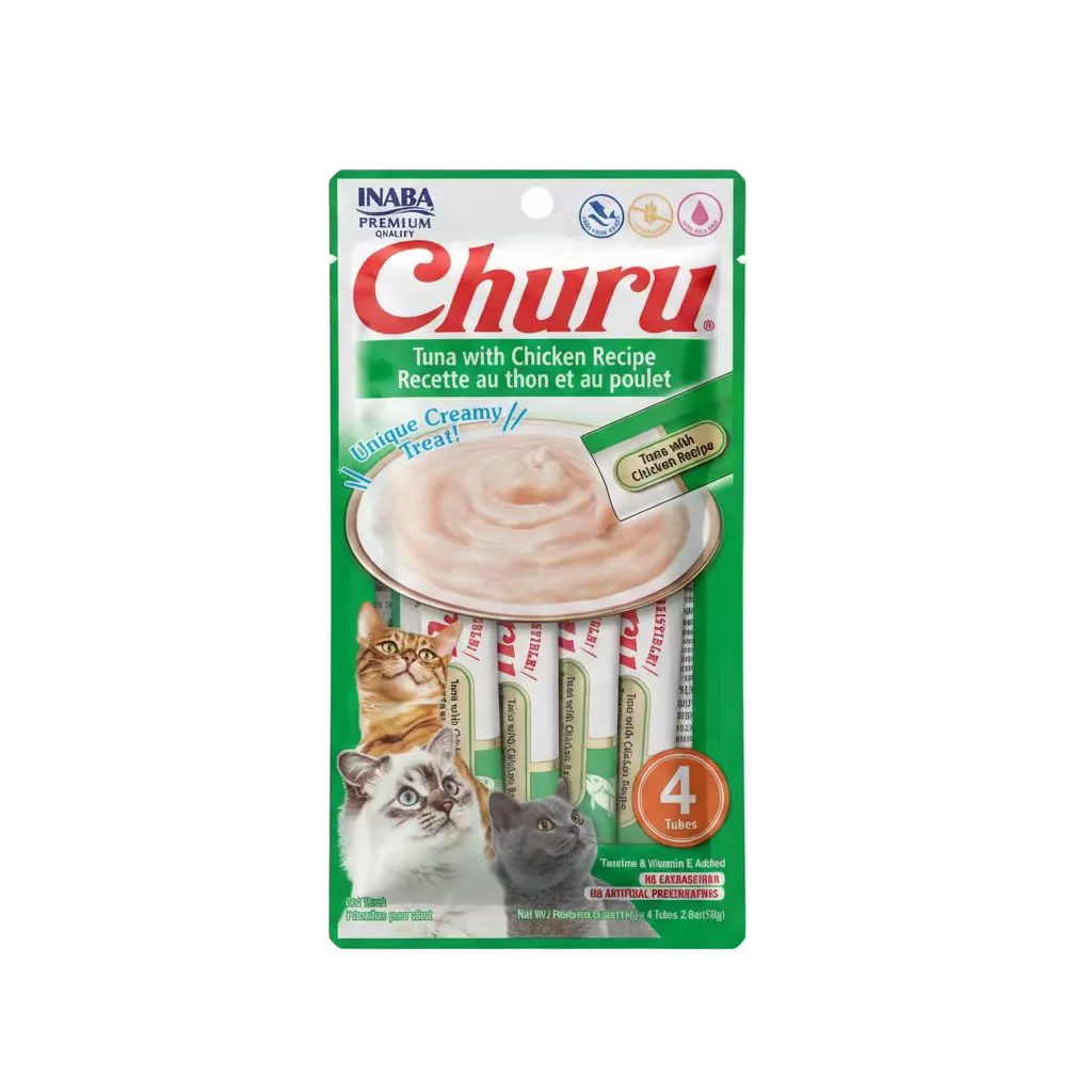 INABA Churu creamy lickable cat treat tubes pack, green tuna with chicken recipe, 4 tubes