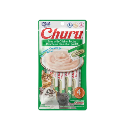 INABA Churu creamy lickable cat treat tubes pack, green tuna with chicken recipe, 4 tubes