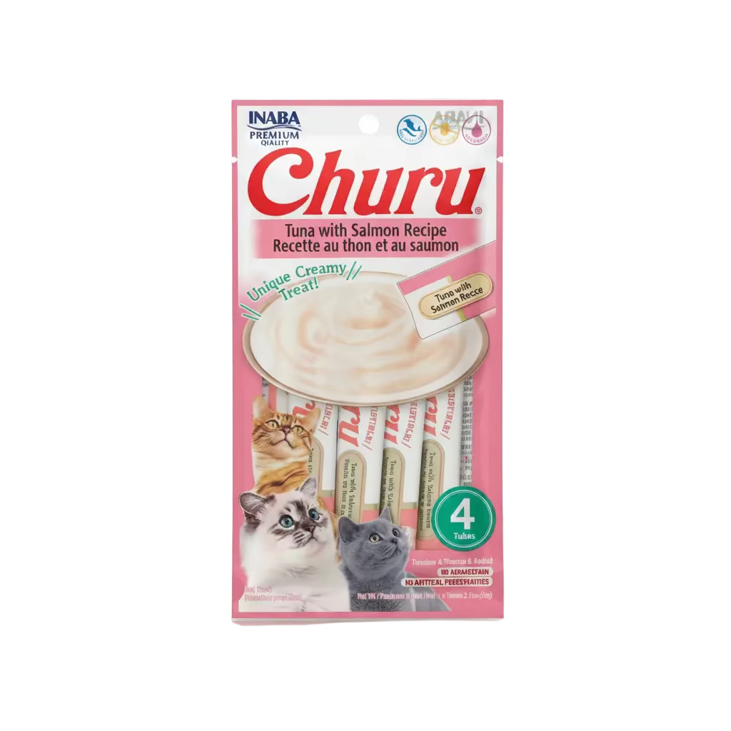 INABA Churu creamy lickable cat treat tubes pack, pink tuna with salmon recipe, 4 tubes