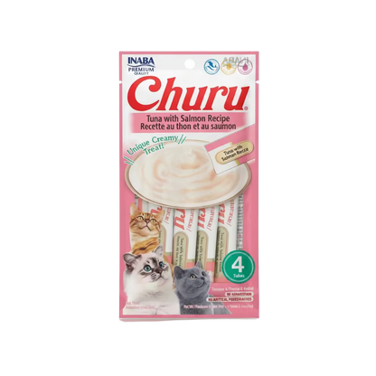 INABA Churu creamy lickable cat treat tubes pack, pink tuna with salmon recipe, 4 tubes