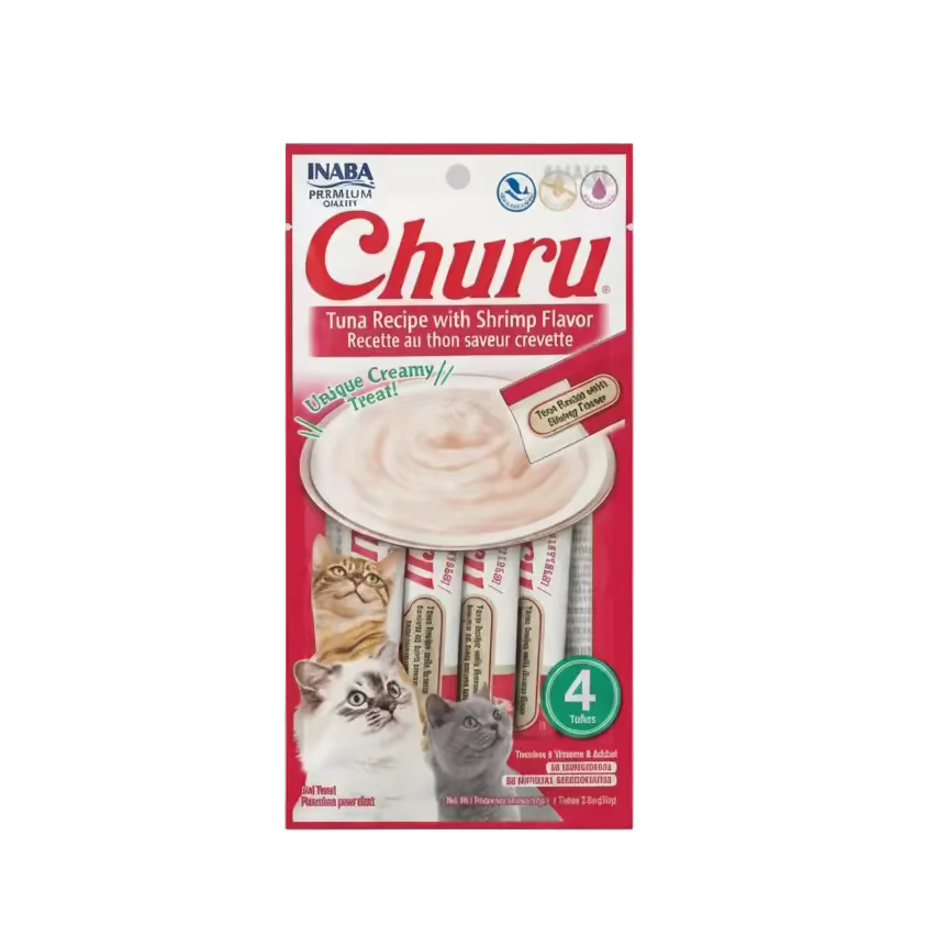 INABA Churu creamy lickable cat treat tubes pack, red tuna recipe with shrimp flavor, 4 tubes