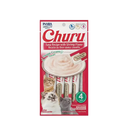 INABA Churu creamy lickable cat treat tubes pack, red tuna recipe with shrimp flavor, 4 tubes