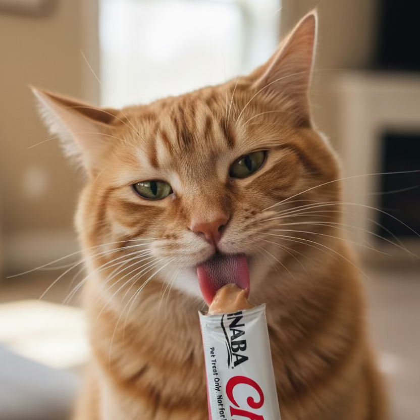 Orange tabby cat licking an INABA Churu tube treat