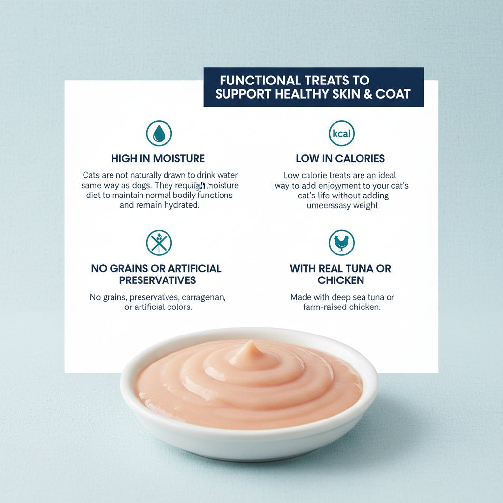 Churu Skin&Coat creamy cat treat paste in bowl with functional benefits panel
