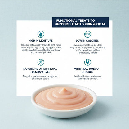 Churu Skin&Coat creamy cat treat paste in bowl with functional benefits panel