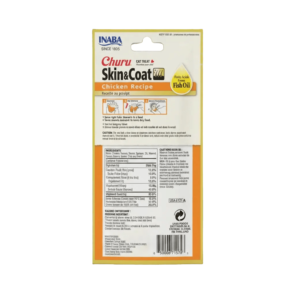 Back of Churu Skin&Coat chicken recipe cat treat box with ingredient panel