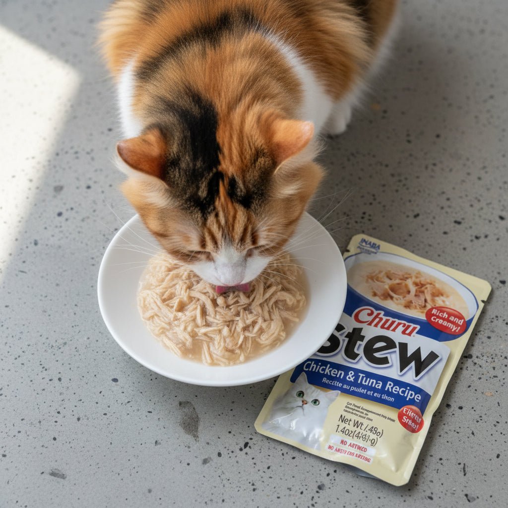 Cat eating stew from bowl with Churu Stew chicken & tuna treat pouch nearby