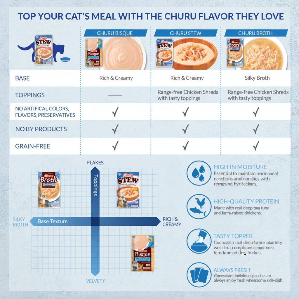 Churu flavor guide chart comparing stew options for cat meals