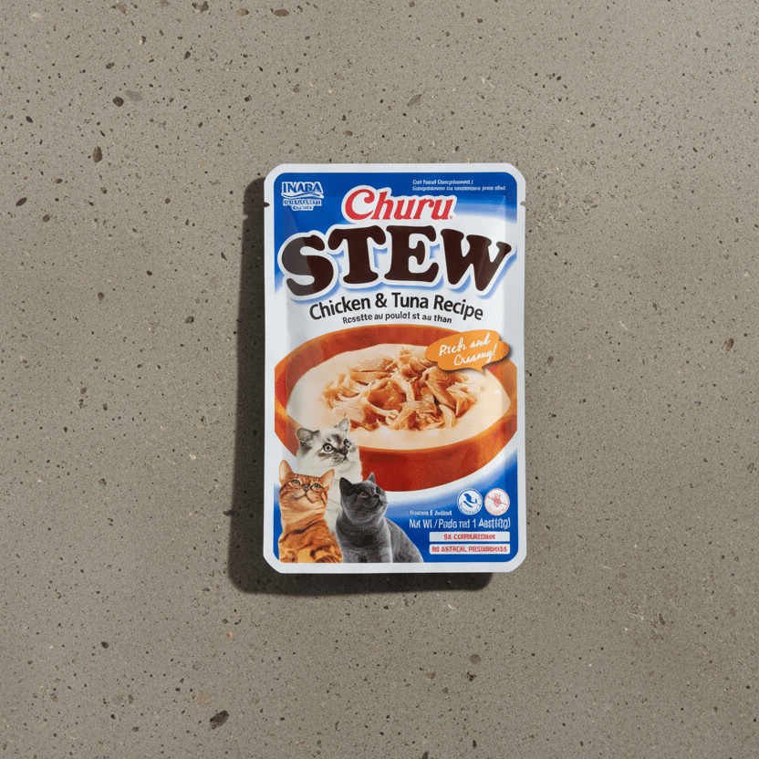 Churu Stew chicken & tuna recipe cat treat pouch front on tabletop