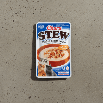 Churu Stew chicken & tuna recipe cat treat pouch front on tabletop