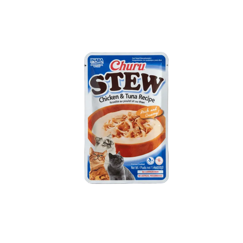 Churu Stew chicken & tuna recipe cat treat pouch front on tabletop