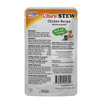 Churu Stew chicken recipe cat treat pouch back panel with ingredients