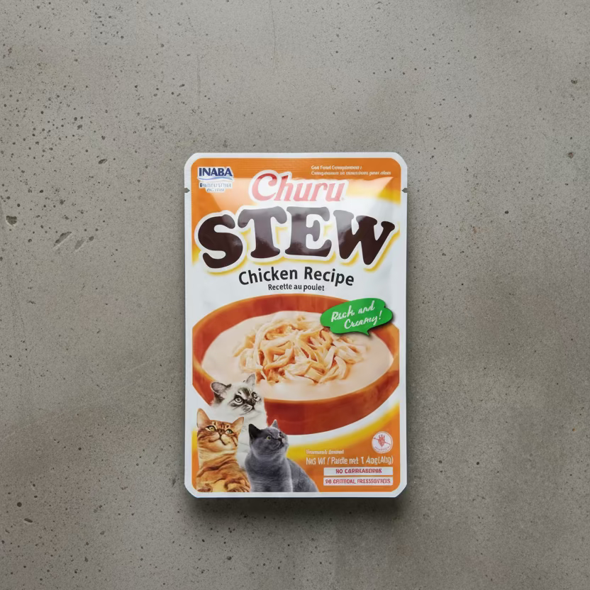 Churu Stew chicken recipe cat treat pouch front with rich and creamy label