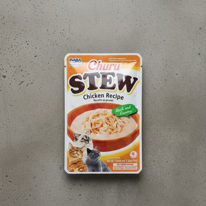 Churu Stew chicken recipe cat treat pouch front with rich and creamy label