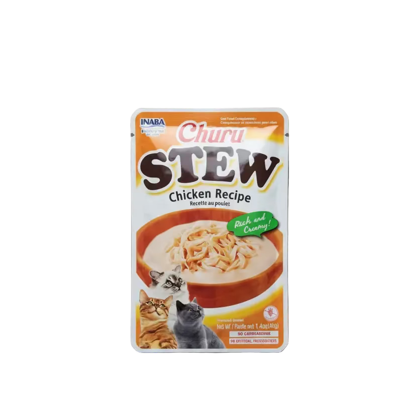 Churu Stew chicken recipe cat treat pouch front with rich and creamy label