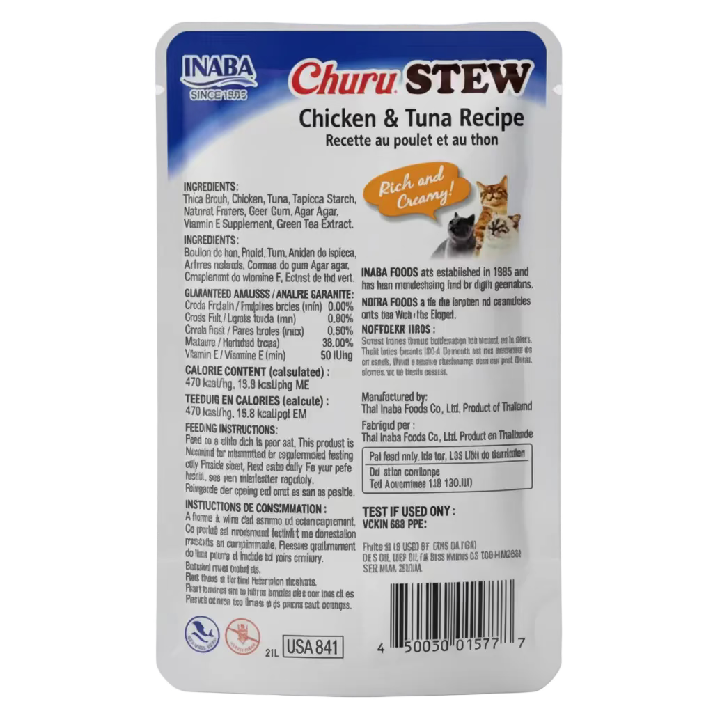 Churu Stew chicken & tuna recipe cat treat pouch back panel with ingredients