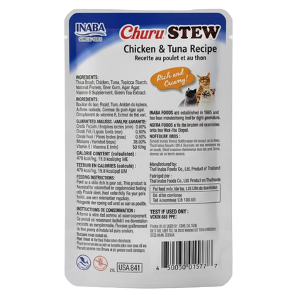 Churu Stew chicken & tuna recipe cat treat pouch back panel with ingredients
