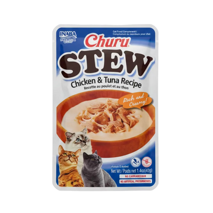 Churu Stew chicken & tuna recipe cat treat pouch front with rich and creamy