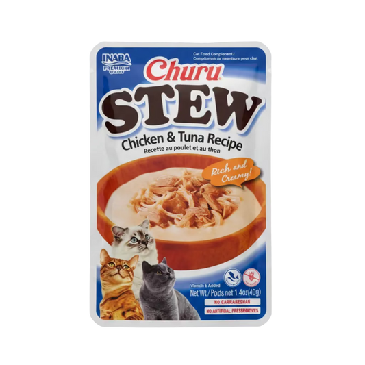 Churu Stew chicken & tuna recipe cat treat pouch front with rich and creamy