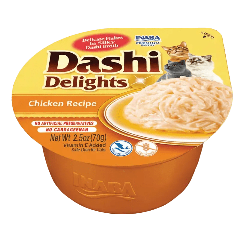 Inaba Dashi Delights cat food cup, chicken recipe, front label