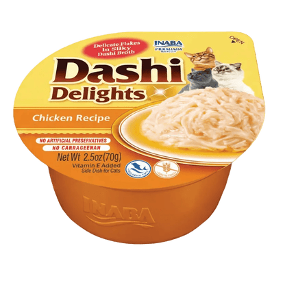Inaba Dashi Delights cat food cup, chicken recipe, front label