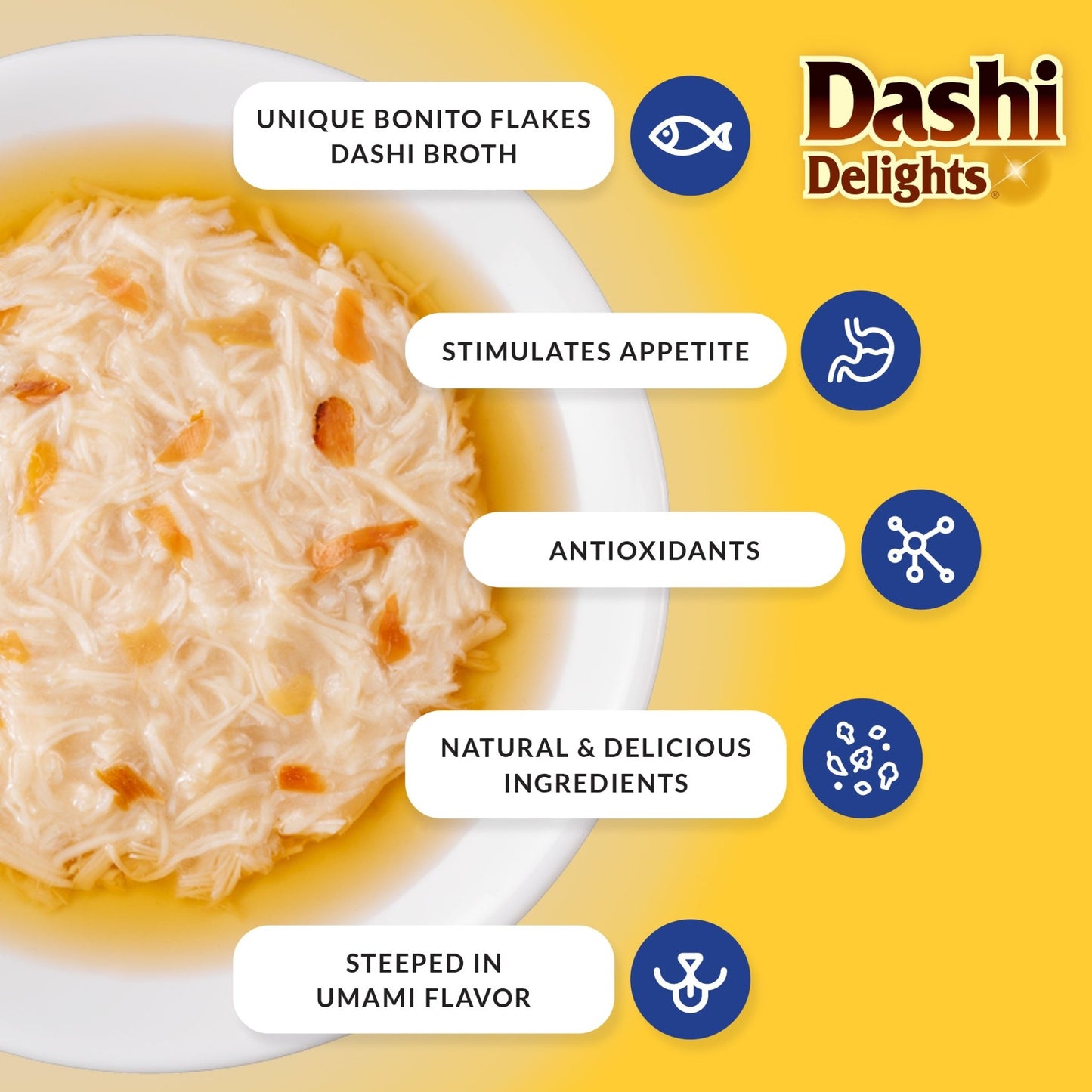 Cat food topper with dashi broth flakes in creamy sauce, close-up plate with bowl