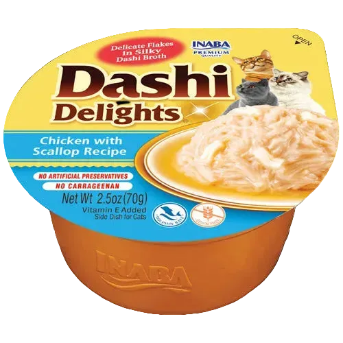 Inaba Dashi Delights cat food cup, chicken with scallop recipe, front label