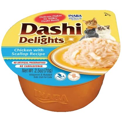 Inaba Dashi Delights cat food cup, chicken with scallop recipe, front label
