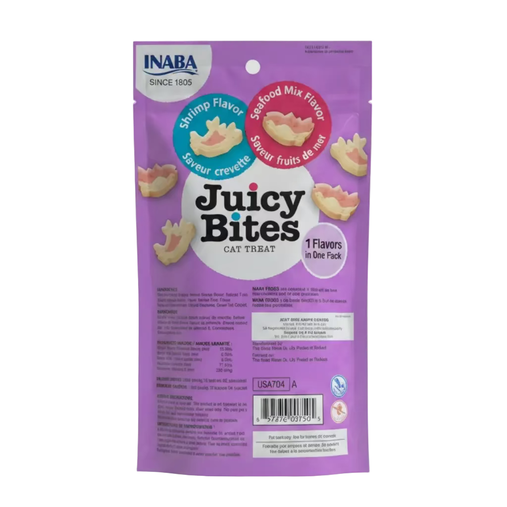 INABA Juicy Bites cat treats package, purple shrimp flavor mix pouch