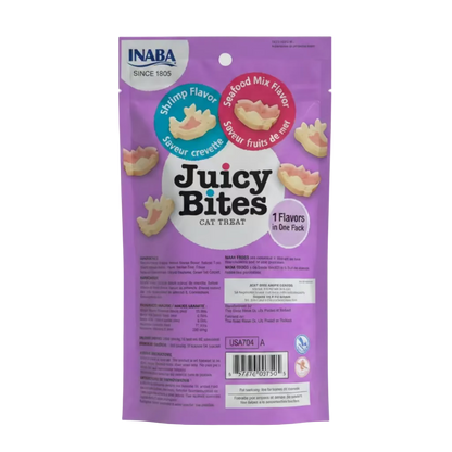 INABA Juicy Bites cat treats package, purple shrimp flavor mix pouch