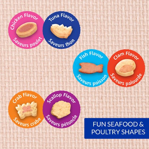 Assorted flavor circles for cat treats: chicken, tuna, fish, clam, crab