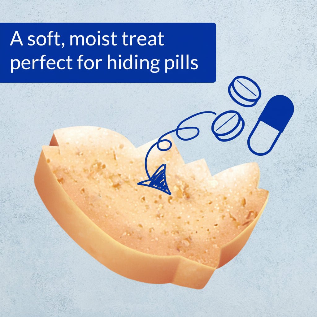 Soft, moist cat treat pieces shown in a half-shell shape