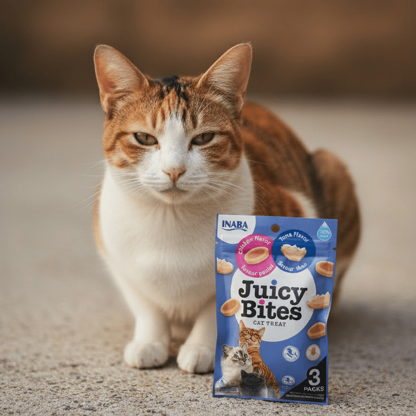 Orange-and-white cat with INABA Juicy Bites cat treats package, blue tuna mix