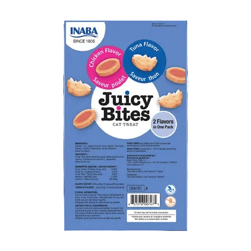 INABA Juicy Bites cat treats package back panel, blue tuna flavor