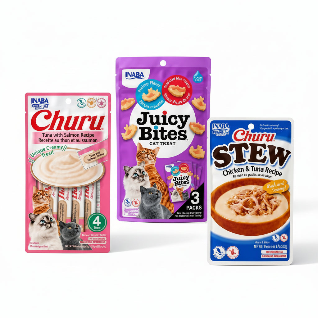 The Triple Agent bundle with INABA Churu four-pack, Juicy Bites and Churu Stew on ivory display blocks.