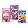 The Triple Agent bundle with INABA Churu four-pack, Juicy Bites and Churu Stew on ivory display blocks.