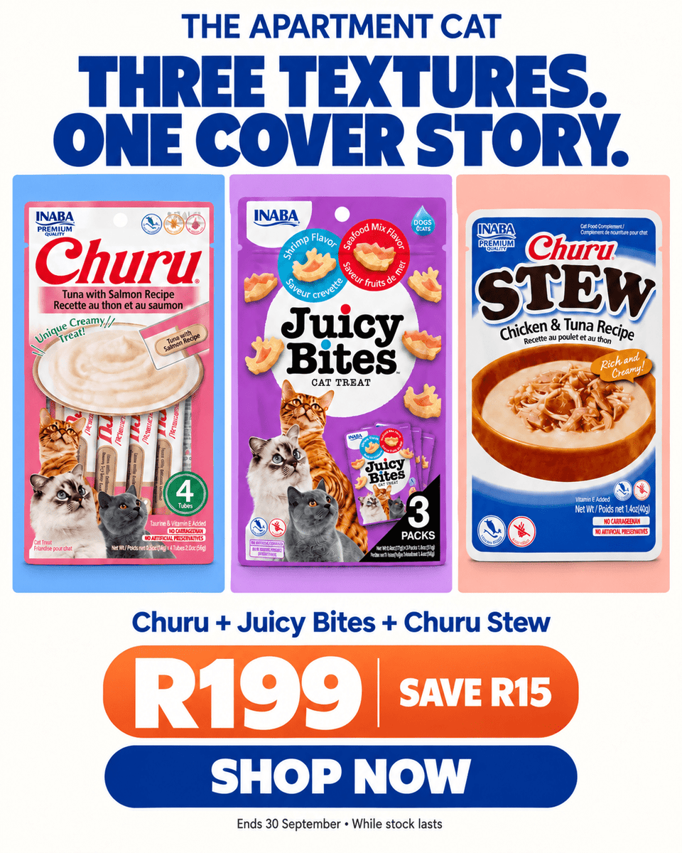 The Triple Agent INABA Texture Trio spring special with Churu, Juicy Bites and Churu Stew, R199 and save R15.