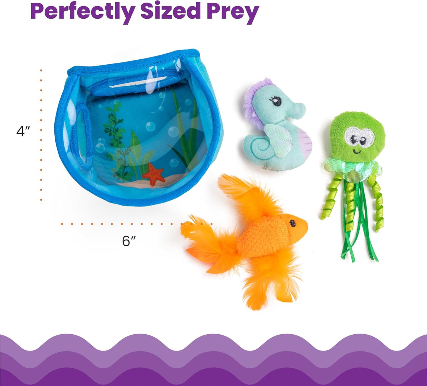Blue fish bowl toy with plush orange fish plus green and purple tentacled plush toys
