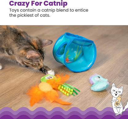 Blue fish bowl toy with plush orange fish and small catnip toys including green braided lure