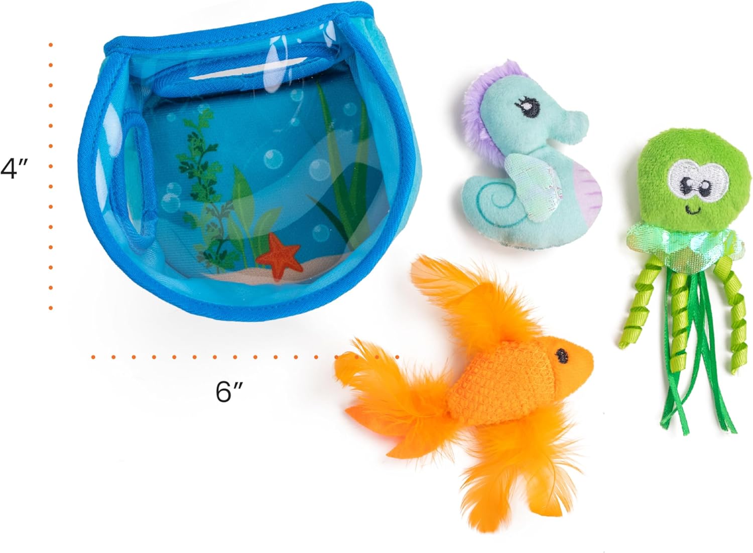 Blue mesh fish bowl toy with plush orange fish and small green and purple plush companions