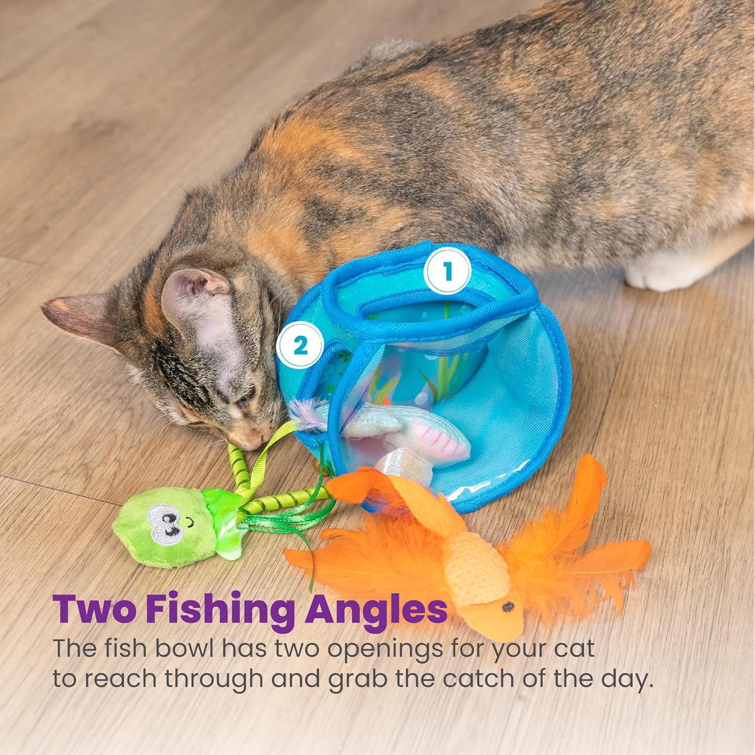 Blue mesh fish bowl toy with two openings, plush orange fish and green braided lure