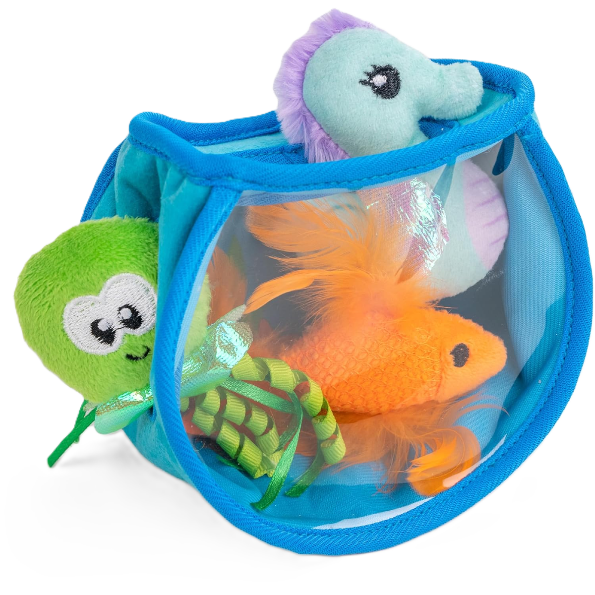 Interactive fish bowl toy with blue mesh pouch and plush orange fish, green feather lure
