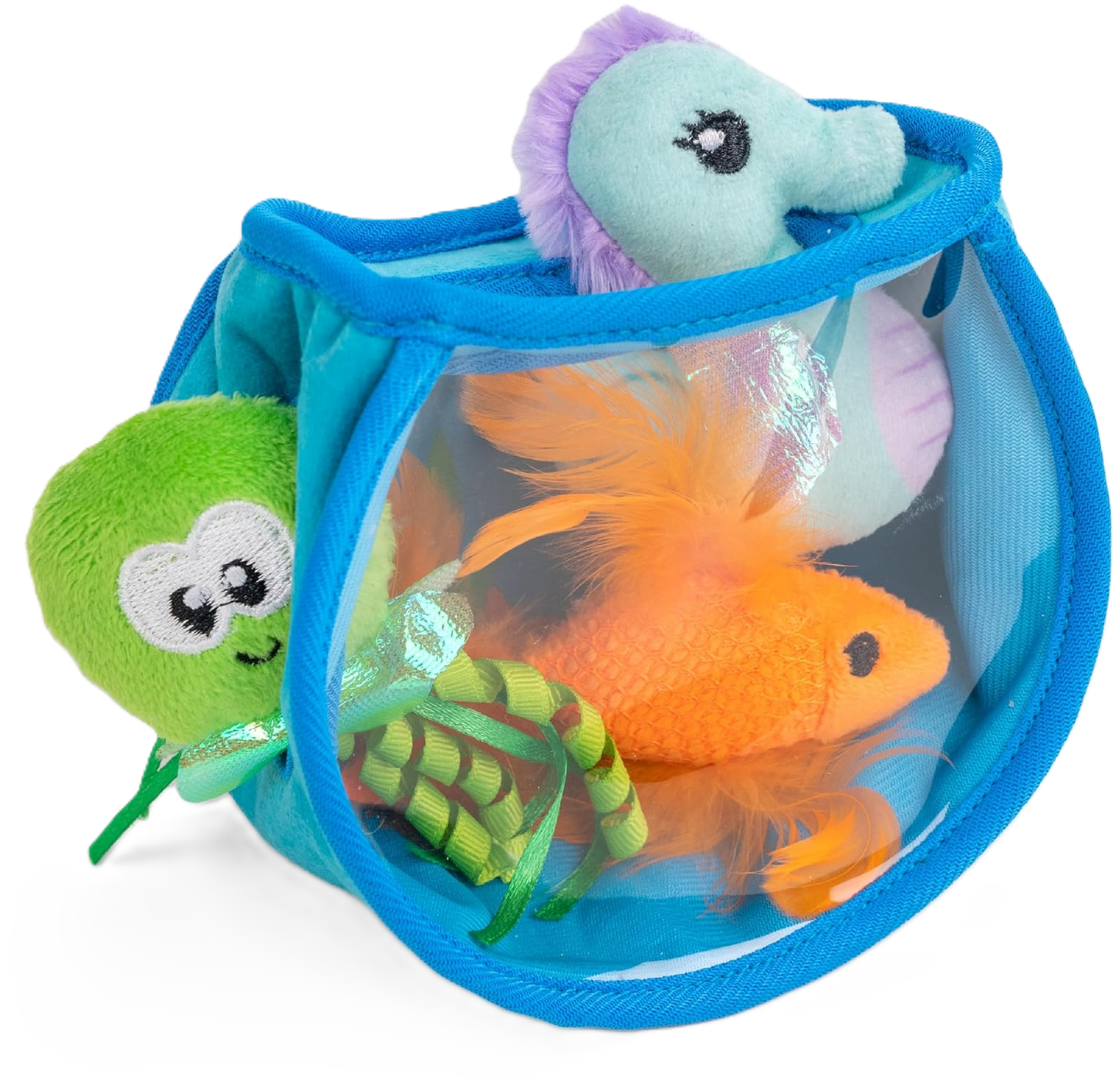 Interactive fish bowl toy with blue mesh pouch and plush orange fish, green feather lure